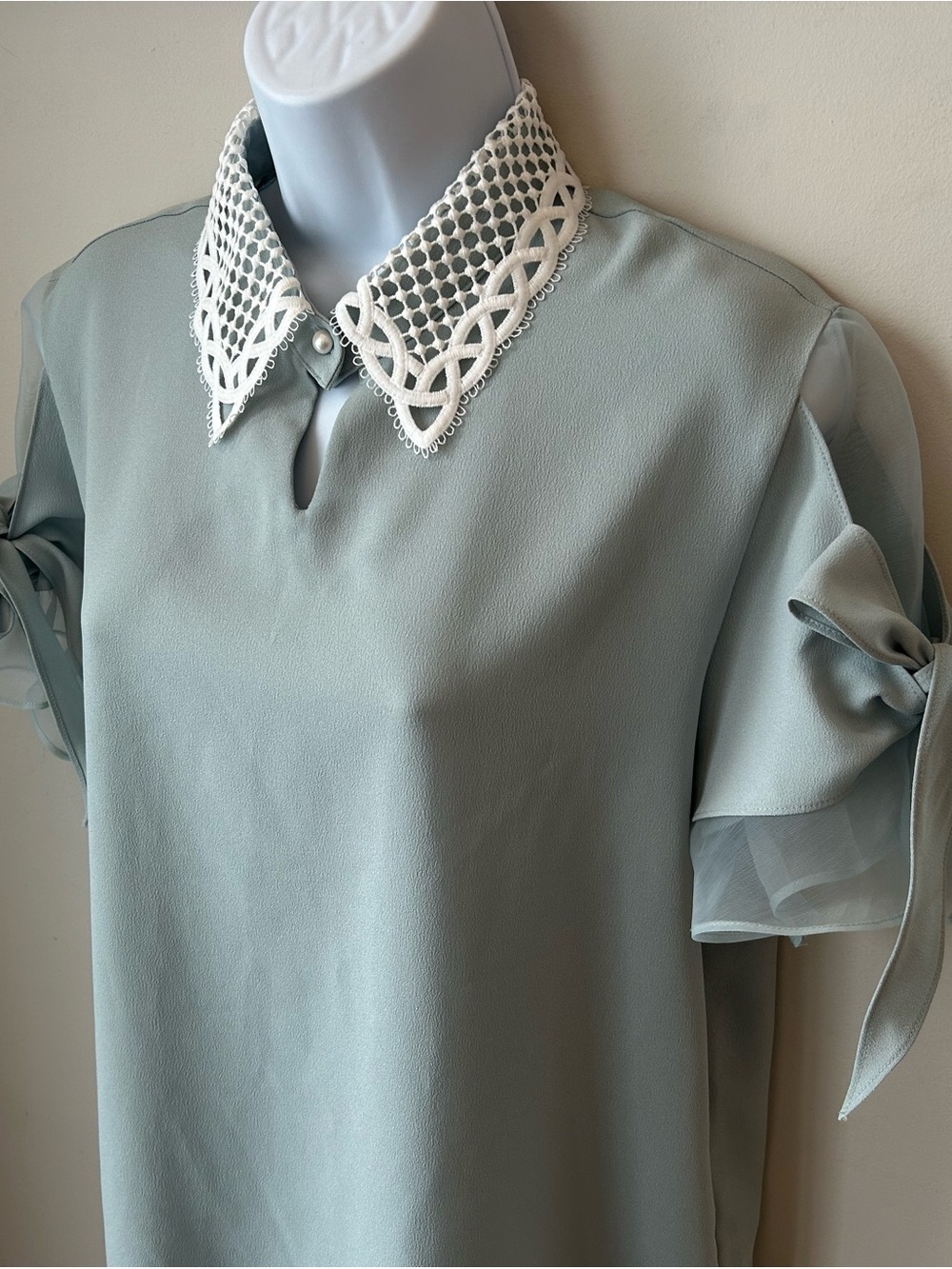 Lace Collar Seafoam Blouse - Mermaidcore Coquette Korean Office Chic - Picture 2 of 13